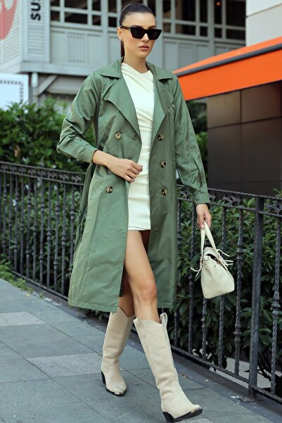 Vivika Kadın Yuvarlak Kesim Ceket Yaka Kemerli Astarsız Diz Altı Boy Trençkot