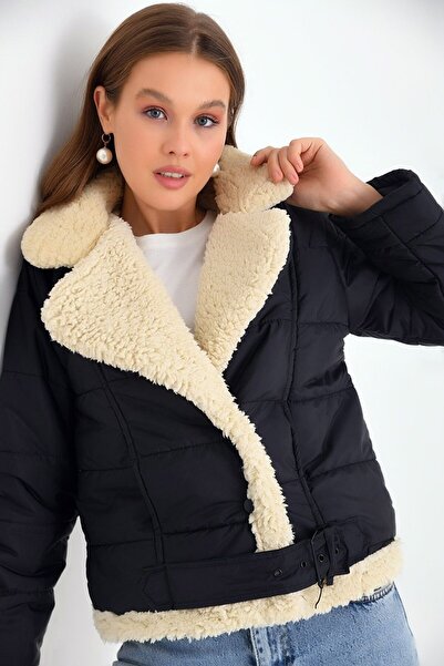 Vivika Kadın Ceket Yaka Kruvaze İçi Kürklü Bel Kemerli Kısa Şişme Mont