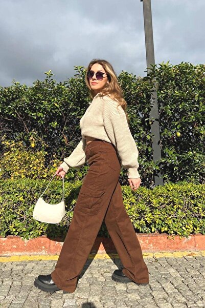 Mossta Дънки с висока талия и джобове тип карго в цвят кафе