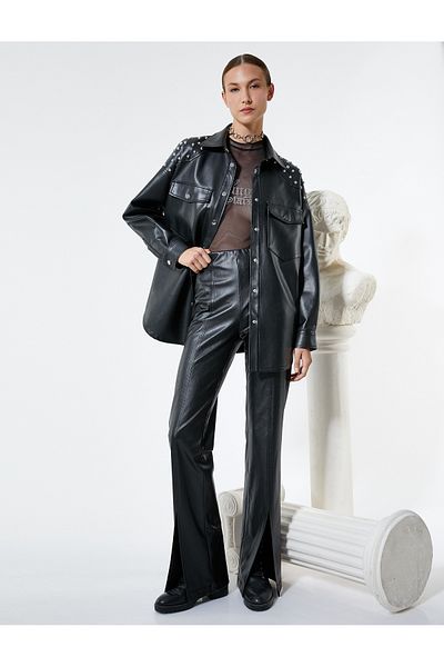 Koton Faux Leather Trousers with Slit Detail