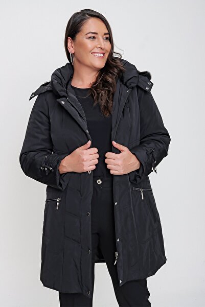 By Saygı Ταξιδιωτικό παλτό με κουκούλα από φτερό χήνας με επένδυση από ίνες Anorak Plus Size Μαύρο