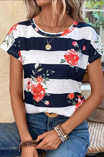 Mossta Μπλουζάκι μονόχρωμο Navy Blue - Ριγέ με ροζ σχέδιο