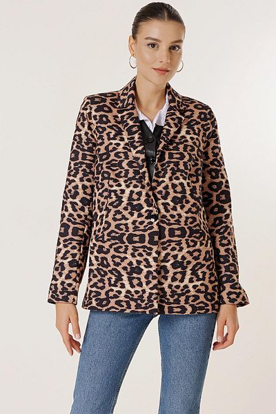By Saygı Single Button Lined Leopard Pattern Comfortable Fit Jacket
