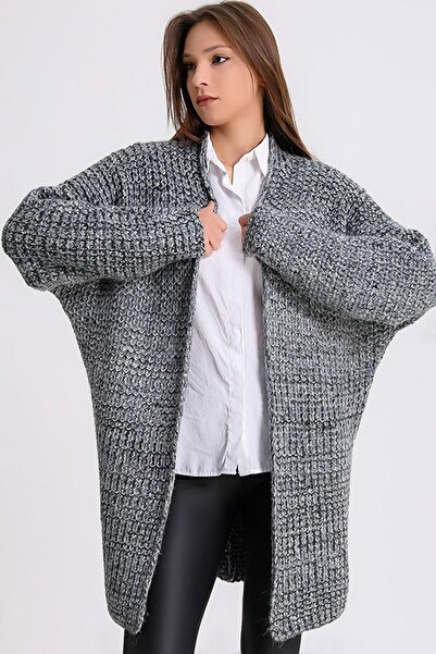 Vivika Kadın Önü Açık Kapamasız Yarasa Kol Geniş Kalıp Yün Selanik Örgü Kırçı...