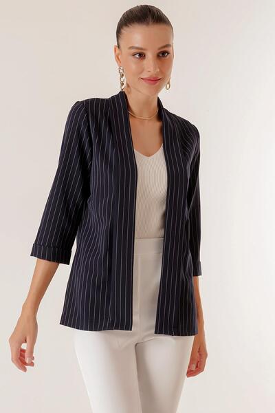 By Saygı Shawl Collar Wide Length Lycra Double Sleeve Length Slim Striped Fabric Jacket