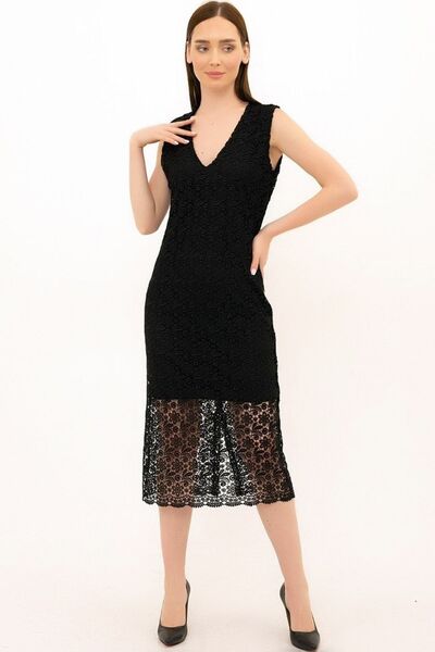 Vivika Kadın V Yaka Kalın Askılı Kolsuz Etek Altı Güpür Detaylı Diz Altı Triko Elbise