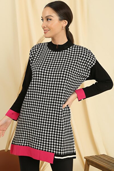 By Saygı Houndstooth Patterned Comfortable Fit Knitwear Tunic with Sleeve and Skirt End Stripe
