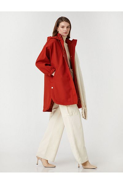Koton Zippered Hooded Oversize Cashmere Coat with Pockets