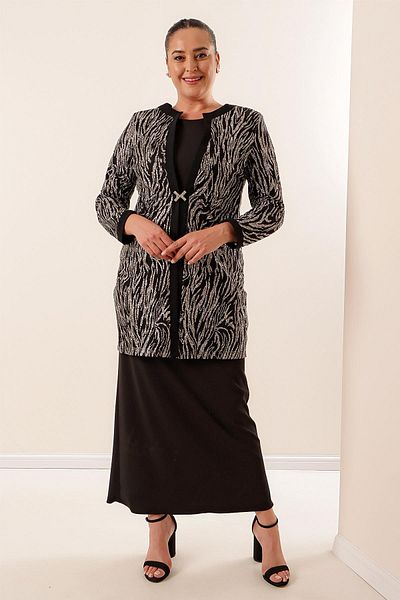 By Saygı Glitter Sequin Jacket Lycra Long Dress Plus Size Set of 2