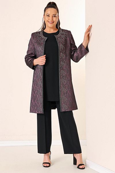 By Saygı Tank Top Inside Bead Detailed Lined Jacquard Long Jacket Trousers Large Size 3-Piece Set