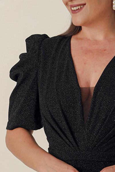 By Saygı V-Neck Lined Draped Lurex Plus Size Dress