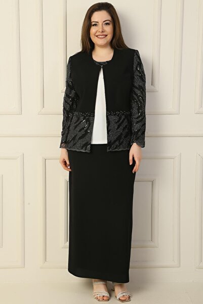 By Saygı Inside Half Moon Sleeve Blouse Sequin Embroidery Bead Detailed Jacket Skirt Lined Large Size 3-Piece Set