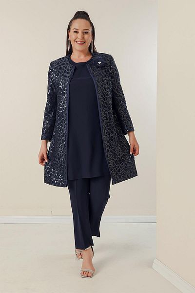 By Saygı Crepe Blouse with Side Slits, Sleeves and Sequin Lined Jacket and Trousers Plus Size 3-Piece Set
