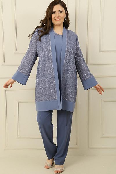 By Saygı Plus Size 3-Piece Set with Sequin Detailed Jacket Blouse and Trousers