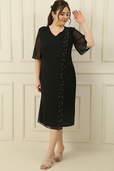 By Saygı Large Size Crepe Dress with Chiffon Stone Detail on the Sleeve and Front