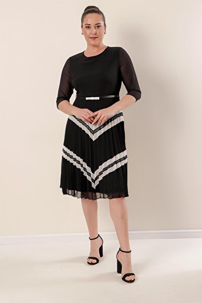 By Saygı Pleated Plus Size Chiffon Dress with Waist Belt Lining