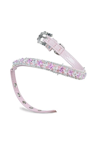 reyselstyle PEMBE DERİ ÜZERİ ZİRKON TAŞLI TAŞLI KEDİ KÖPEK TASMASI