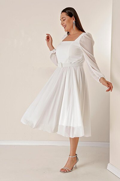 By Saygı Šaty z šifonu s hranatým výstřihem v pase s páskem a podšívkou