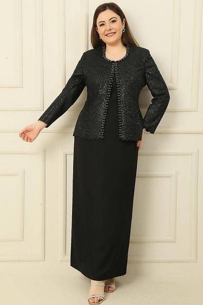 By Saygı 2-teiliges Set mit Kragen, Steinfutter, langem Kreppkleid und Paillettenjacke in Übergröße