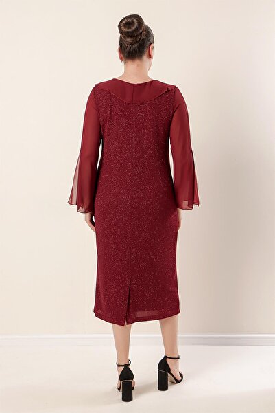 By Saygı Collar and Sleeves Chiffon Lined Lycra Glitter Plus Size Dress