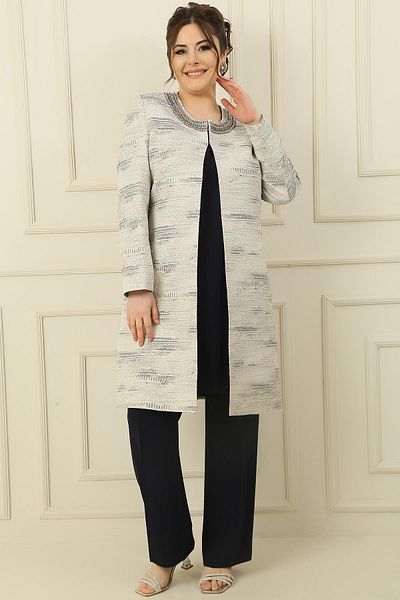 By Saygı Large Size 3-Piece Set with Stone Detailed Lined Jacquard Jacket and Tank Top Pants