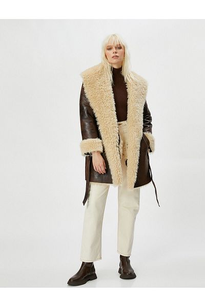 Koton Faux Leather Coat Faux Fur Belted Pocket Detailed
