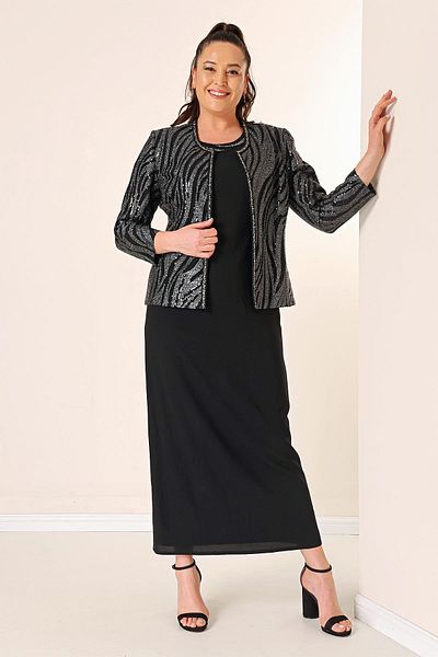 By Saygı Sequin Jacket Half Moon Sleeve Lined Crepe Dress Plus Size 2 Piece Set