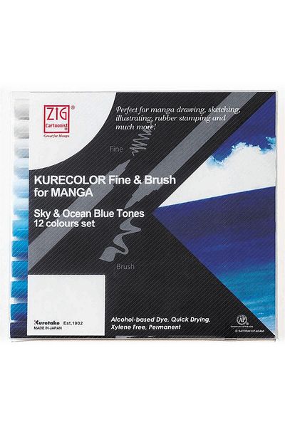 Zig Kurecolor Fine & Brush For Manga Sky & Ocean Blue Tones 12 Colors