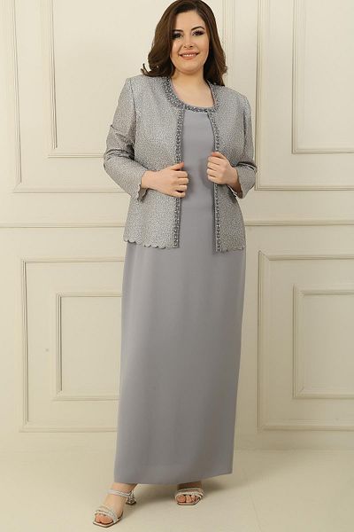 By Saygı Collar Stone Lined Long Crepe Dress Sequin Jacket Plus Size 2 Piece Set