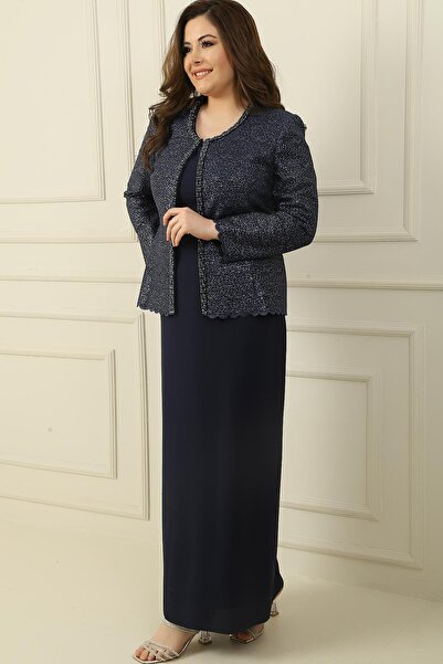 By Saygı Collar Stone Lined Long Crepe Dress Sequin Jacket Plus Size 2 Piece Set