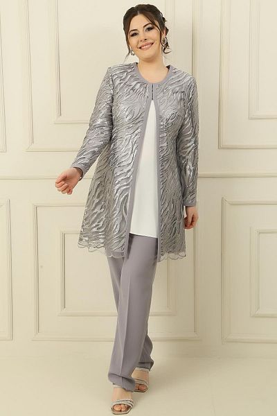 By Saygı Large Size 3-Piece Set with Tank Top, Piping Lined Waterway Embroidery Embroidered Jacket and Trousers
