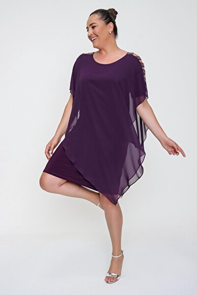 By Saygı Chiffon Plus Size Sandy Lycra Dress with Striped Sleeves