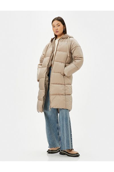 Koton Dlouhá bunda Puffer s kapucí, kapsa na zip
