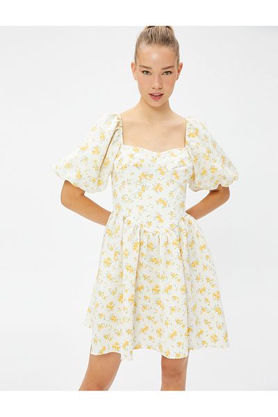 Koton Floral Φόρεμα Mini Balloon Sleeves Sweetheart λαιμόκοψη