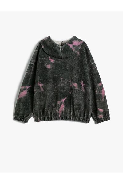 Koton Hooded Plush Zippered Oversize Sweatshirt with Batik Pattern