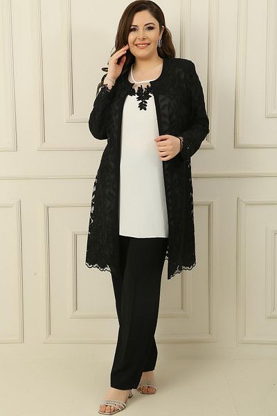 By Saygı Beaded Embroidered Laced Lined Jacket Blouse Trousers Plus Size 3-Piece Crepe Suit
