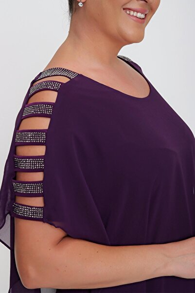 By Saygı Chiffon Plus Size Sandy Lycra Dress with Striped Sleeves