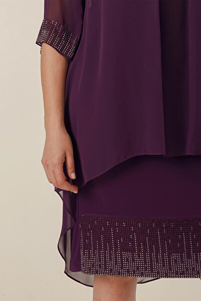 By Saygı Plus Size Short Dress with Chiffon Top and Bead Detail on the Sleeve and Hem