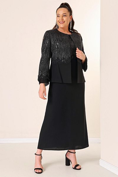 By Saygı Top Sequin Bead Detailed Sleeve Tip Chiffon Jacket Dress Lined Large Size 2-Piece Set