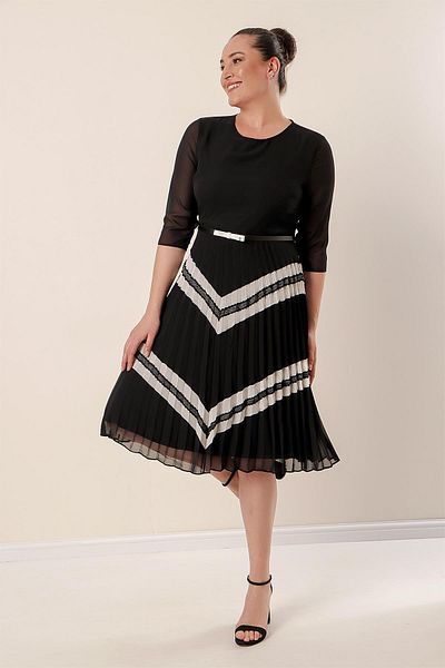 By Saygı Pleated Plus Size Chiffon Dress with Waist Belt Lining