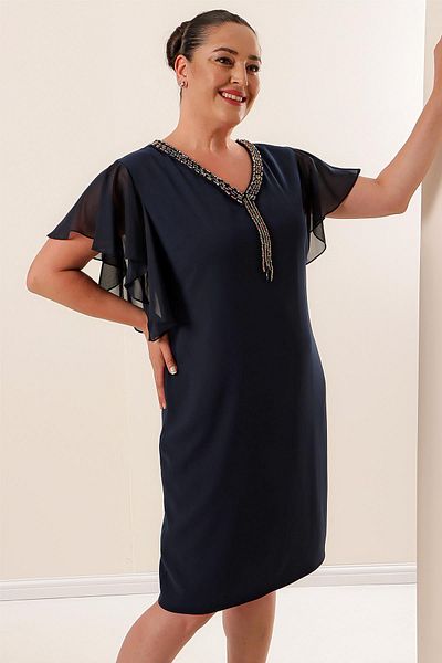 By Saygı Plus Size Chiffon Lined - Neckline Beading Detail Short Dress
