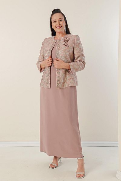 By Saygı Beaded Waist Sleeveless Long Crepe Dress Front Beaded Jacquard Jacket Lined Plus Size 2 Piece Set