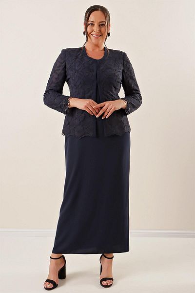 By Saygı Bead Embroidered Laced Lined Dress Coat Plus Size 2 Piece Set
