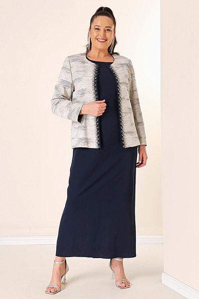 By Saygı Sleeveless Long Dress Stone Detailed Jacquard Large Size Lined 2-Piece Set