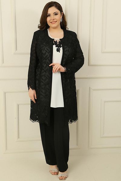 By Saygı Beaded Embroidered Laced Lined Jacket Blouse Trousers Plus Size 3-Piece Crepe Suit