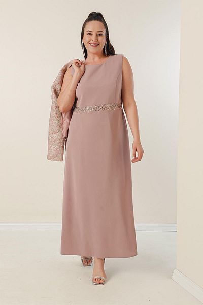 By Saygı Beaded Waist Sleeveless Long Crepe Dress Front Beaded Jacquard Jacket Lined Plus Size 2 Piece Set