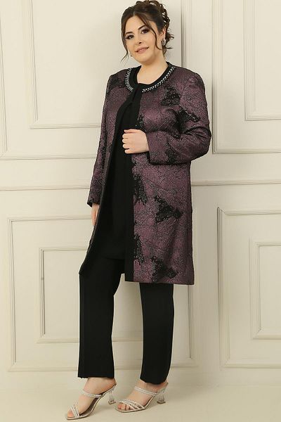 By Saygı Sleeveless Blouse Collar Jewelled Lined Jacquard Long Jacket Trousers Large Size 3-Piece Set