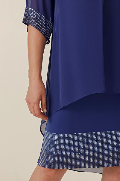 By Saygı Plus Size Short Dress with Chiffon Top and Bead Detail on the Sleeve and Hem