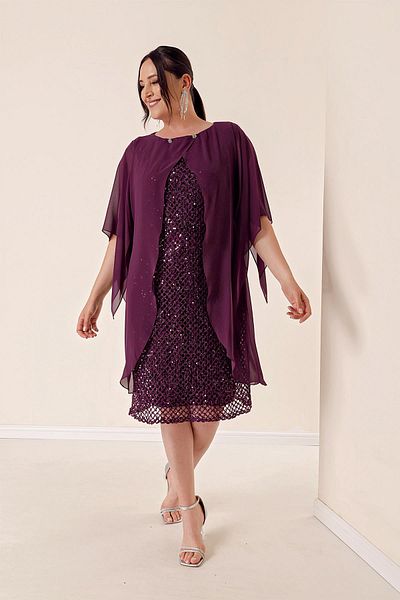 By Saygı Chiffon Cape Lined Sequin Plus Size Dress