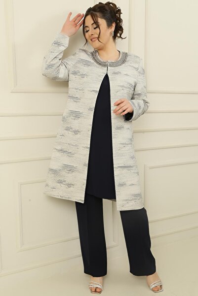 By Saygı Large Size 3-Piece Set with Stone Detailed Lined Jacquard Jacket and Tank Top Pants